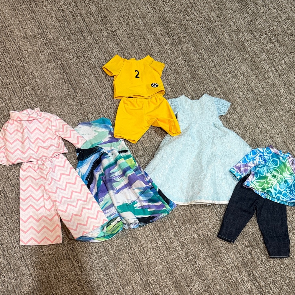 American Girl Doll Clothes Set - Yellow, Blue, Pink and a puppy in training